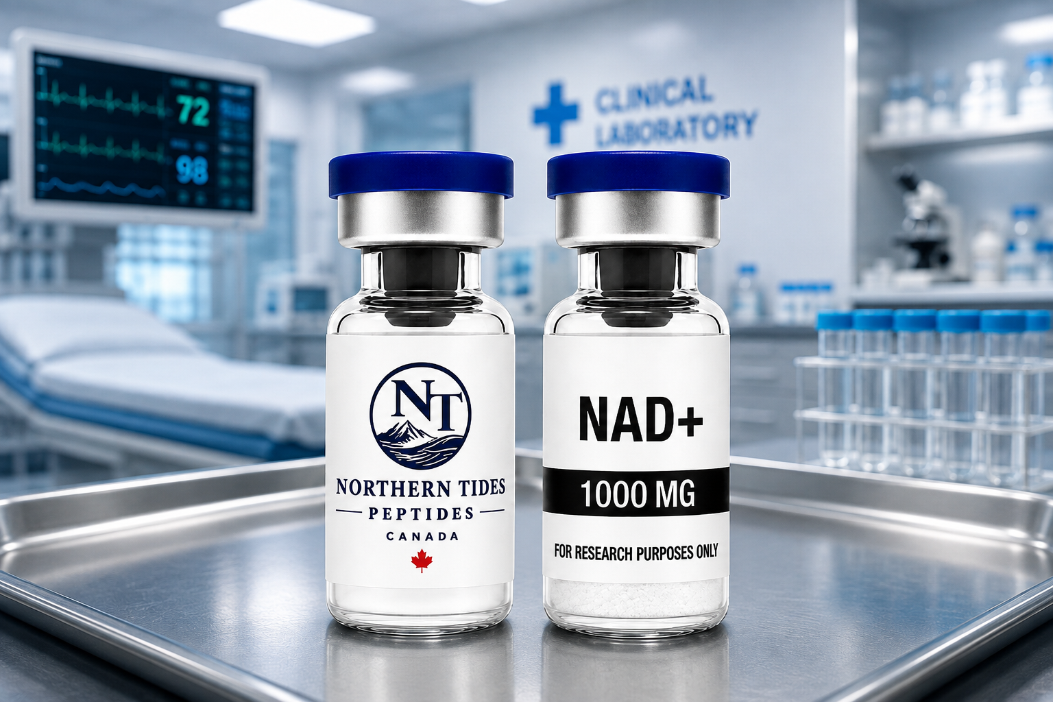 NAD+ research vials in a laboratory